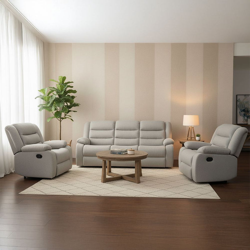 DANUBE | Archer 3+2+1 Seater Fabric Recliner Set With Drop Down Table Light Brown | 810302801654-1