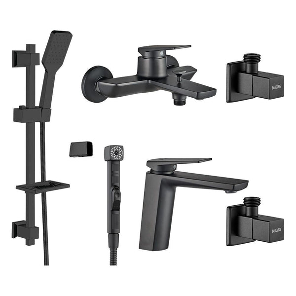 MILANO | Yana Collection 6 Pcs Set Ot Basin Bath Shattaf 2Pc Angle Valve Kit Matt Black | 140100600190