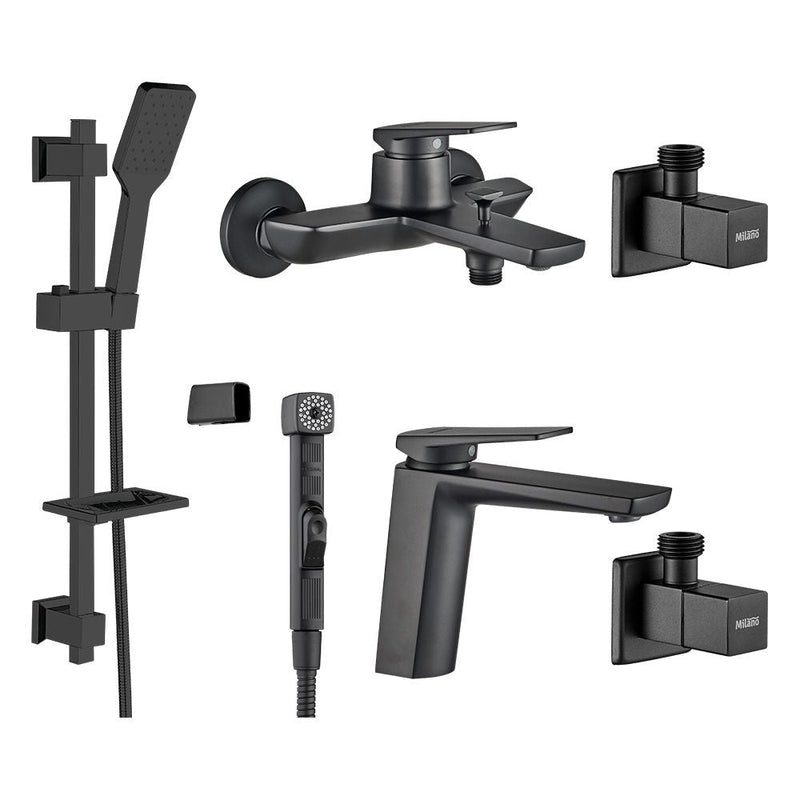 MILANO | Yana Collection 6 Pcs Set Ot Basin Bath Shattaf 2Pc Angle Valve Kit Matt Black | 140100600190