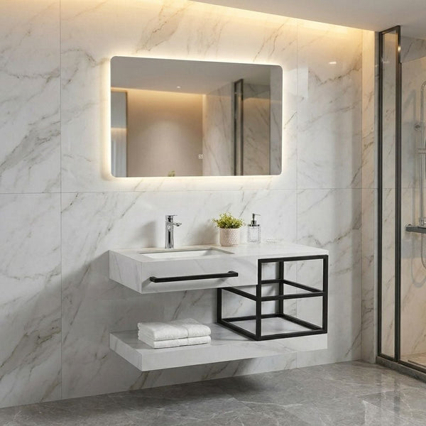 MILANO | Sintered Stone Vanity Cabinet with Mirror Wall Mounted Bathroom Sink Unit with Durable Stone Top Sleek Design & Storage Drawers L100 x W50 x H15 cm | 142400101284