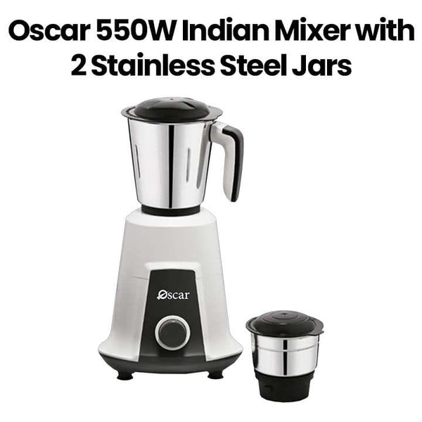 OSCAR | Indian Mixer 550W 2 Stainless Steel Jars Multi-Purpose Use Durable Construction Safety Lock System Stable Operation Black White | OMG550INDK1