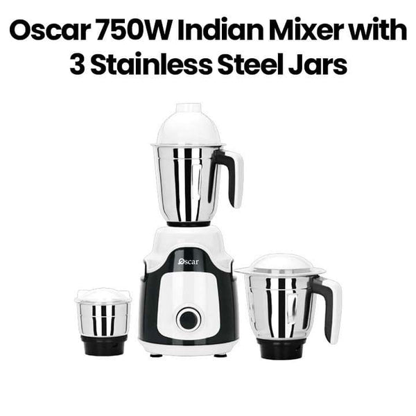 OSCAR | Indian Mixer 750W 2 Stainless Steel Jars Multi-Purpose Use Durable Construction Safety Lock System Stable Operation Black White | OMG750INDK1