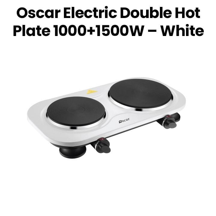 OSCAR | Electric Double Hot Plate 1000+1500W Cast Iron Plates Adjustable Heat Control Safety Protection Compact Build White | OHP-20W1