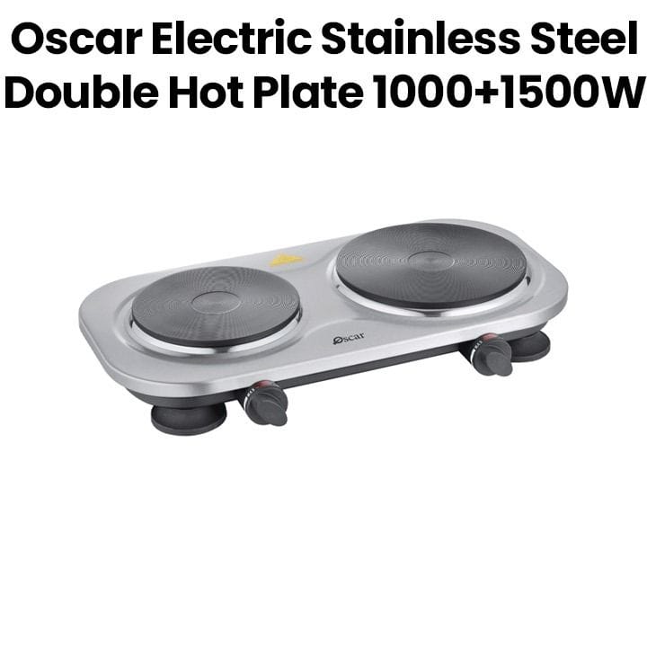 OSCAR | Electric Double Hot Plate 1000+1500W Cast Iron Plates Adjustable Heat Control Safety Protection Compact Build Silver | OHP-20S1