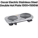 OSCAR | Electric Double Hot Plate 1000+1500W Cast Iron Plates Adjustable Heat Control Safety Protection Compact Build Silver | OHP-20S1