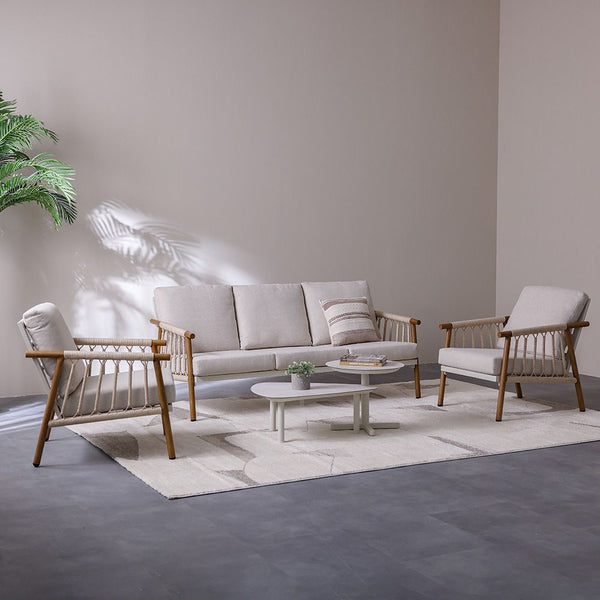 DANUBE | Marva 5 Seater Sofa Set 2 Coffee Tables Beige Teakwood | 231202709732