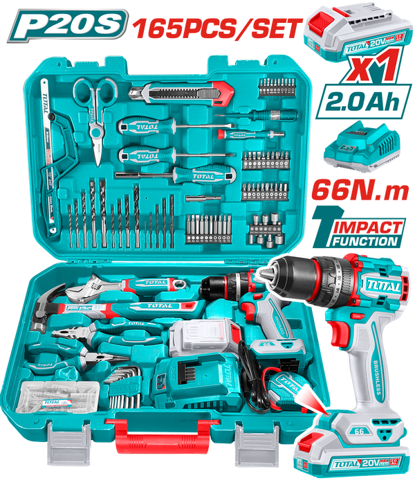 TOTAL | 20V Cordless Impact Drill Kit with Battery Charger & 165-Piece Accessory Set | THKTHP11652