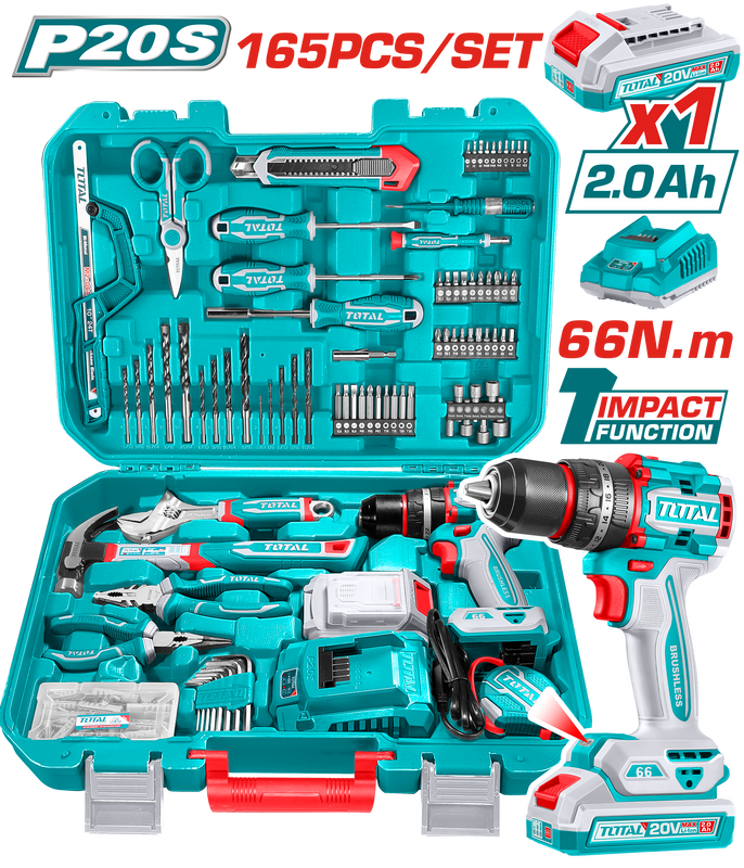 TOTAL | 20V Cordless Impact Drill Kit with Battery Charger & 165-Piece Accessory Set | THKTHP11652