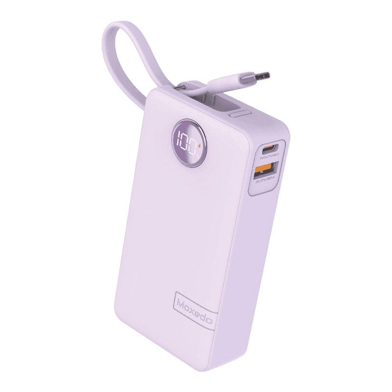 MOXEDO | Porta Go Plus 10000mAh Capacity 1 USB C 1 USB A Ports With Built In USB C Cable PD Fast Charging Purple Power Bank | MX-PB017