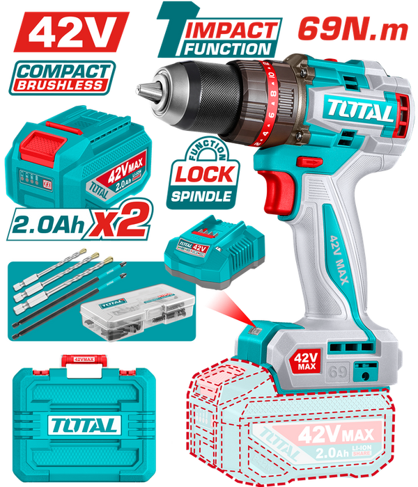 TOTAL | 2V Brushless Cordless Impact Drill Kit with 2 Batteries & 47 Accessories | TIDLI426982