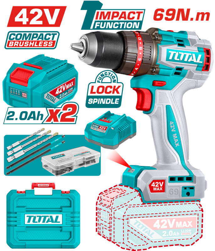 TOTAL | 2V Brushless Cordless Impact Drill Kit with 2 Batteries & 47 Accessories | TIDLI426982