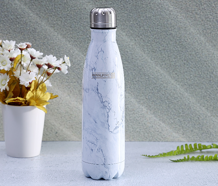 ROYALFORD | 500ml Stainless Steel Marble Design Vacuum Bottle White  Silver & Blue | RF9477