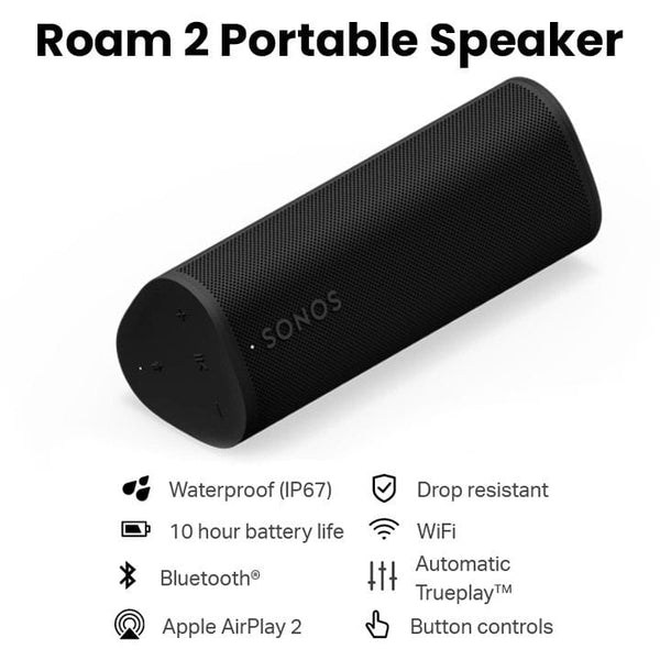 SONOS | Roam 2 Lightweight Portable Waterpoof Speaker with Bluetooth WiFi 10 hour battery life and Voice Control | ROAM2R21BLK