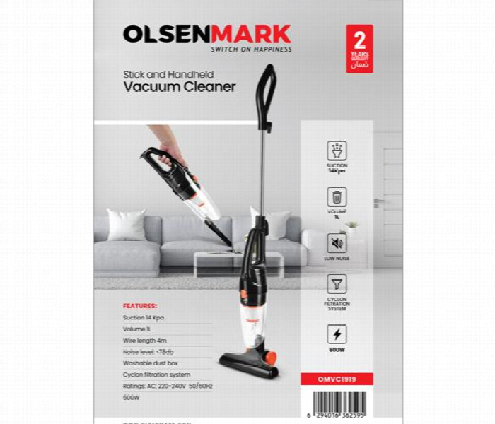 OLSENMARK | 2 In 1 600W 1L Handheld And Stick Vacuum Cleaner | OMVC1919