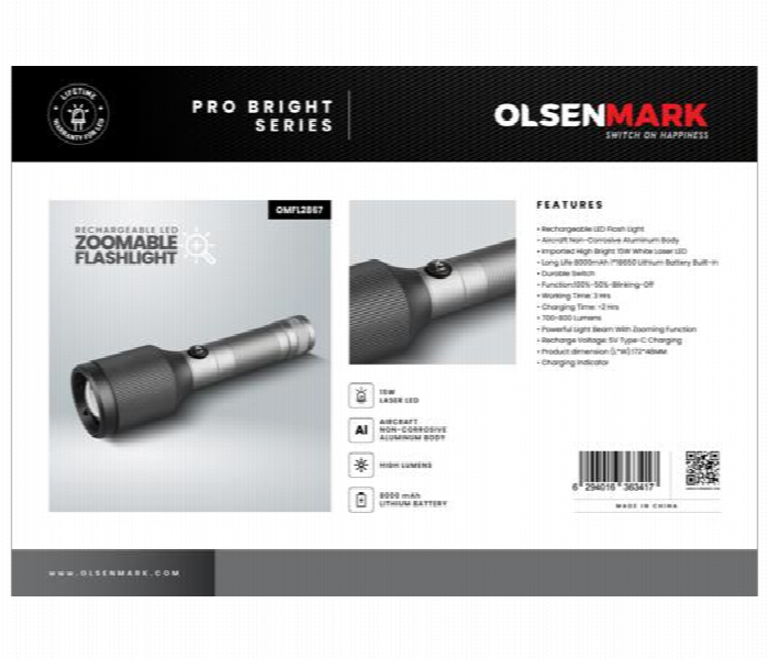 OLSENMARK | Rechargeable LED Zoomable Flashlight | OMFL2867