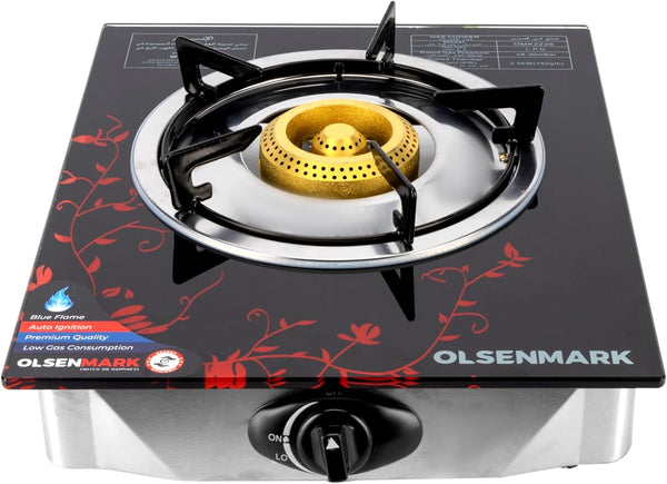 OLSENMARK | Gas Cooker Glass Top Single Brass Burner with Enamel Grate and Stainless-Steel Drip Pan | OMK2226Z