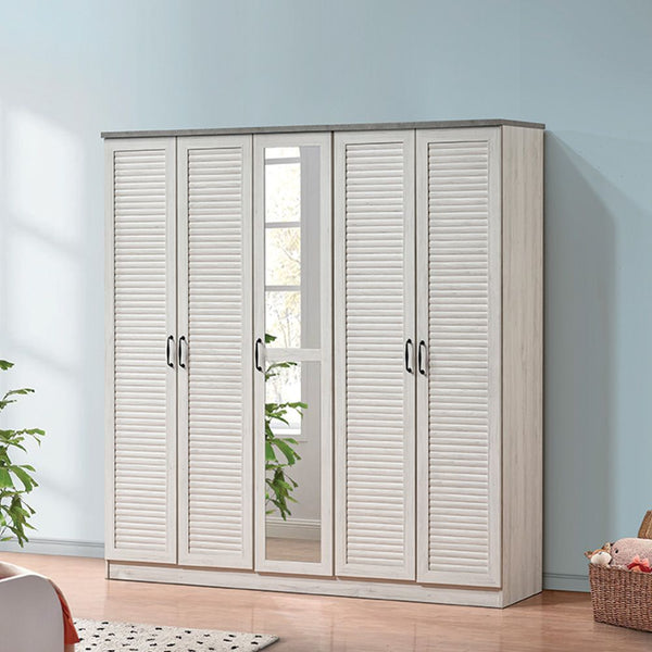 DANUBE | Zenith 5 Door Wardrobe with Drawers & Mirror White Oak Cement | 810100700663