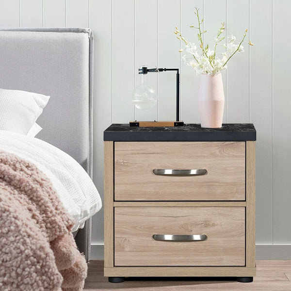 DANUBE | Bolivar 2 Drawer Night Stand Vintage Oak Black Faux Marble | 810101800166