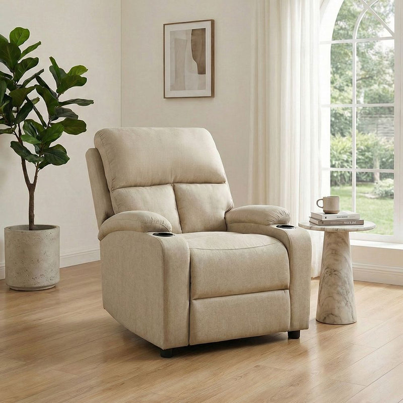 DANUBE | Mystic 1 Seater Fabric Pushback Recliner with Cup Holder | Khaki