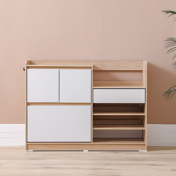 DANUBE | Barbados 15 Pair Shoe Cabinet with Open Shelves & Hooks White Oak | 813200100125