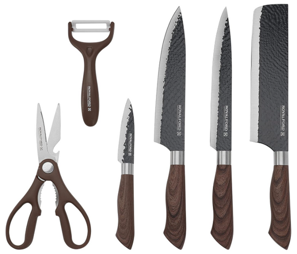 ROYALFORD | 6pcs Kitchen Knife Set with Non Stick Coating And Extra Short Stainless Steel Blades Brown | RF10462