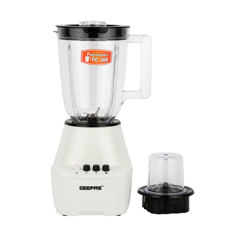 GEEPAS | 250Watts 2 in 1 Multifunctional 1.5 Litre Stainless Steel Blades Blender  White | GSB5409