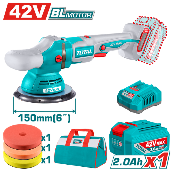 TOTAL | Cordless Polisher 42V Brushless 150mm | 6″ with Variable Speed & Accessories | TAPLI42151