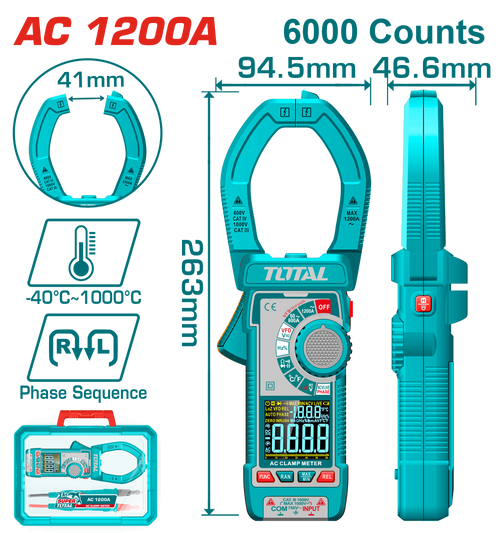 TOTAL | Tools Clamp Meter 1200 Amp Digital AC Model | TMT7610001
