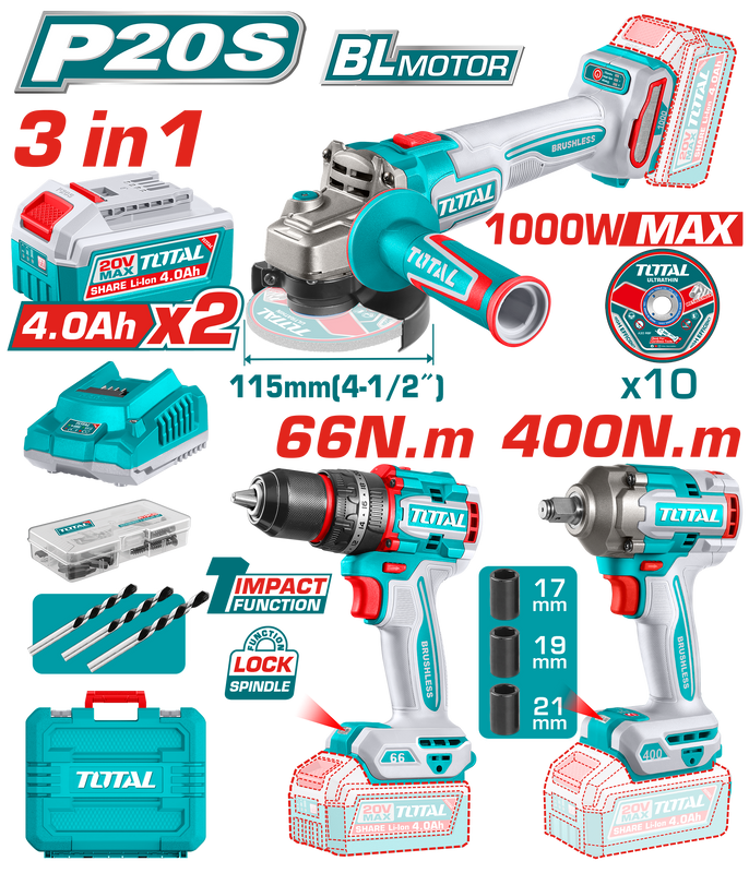 TOTAL | Cordless 3 Pcs Combo Kit 20V Brushless Angle Grinder Impact Drill & Impact Wrench | TOSLI241291