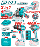TOTAL | Cordless 3 Pcs Combo Kit 20V Brushless Angle Grinder Impact Drill & Impact Wrench | TOSLI241291