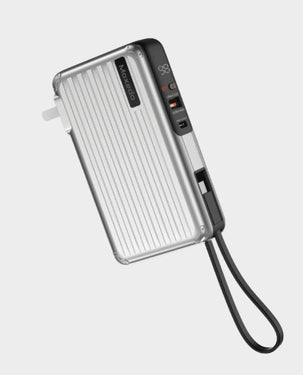 MOXEDO | Porta Go 10000 mAh 22.5W Power Bank with Foldable Interchangeable AC Plug USB-C Cable 2x AC Plug Adapters Silver | MX-PB014
