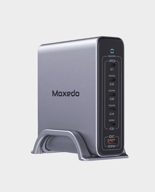 MOXEDO |  Volton II PD GaN Desktop Charger 300W PD 3.1 PPS 5 USB-C and 1 USB-A Port 1.2 Meter Power Cord Detachable Metal Base Silver | MX-CS042