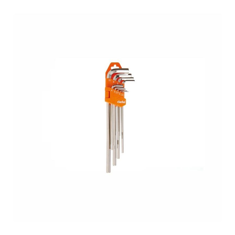 CLARKE | Allen Key 9pcs Set Short 1/16 inch to 3/8 inch Alloy Steel with Orange Labelled Hanging Holder | AKS1/16-3/8C