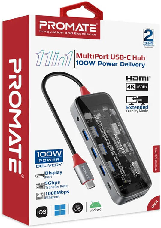 PROMATE | 11 IN 1 Transparent Type Chub With 100 W PD And 4k HDMI | TRANSHUB-PRO