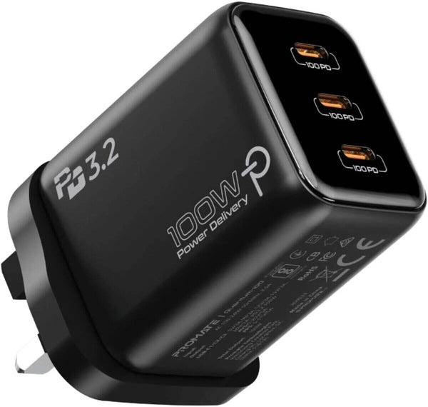 PROMATE | 100W PD Wall Charger With AI Temerature Control Black | QUANTUM-100.BLACK.UK