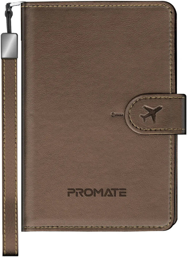 PROMATE | PassMate Anti-Loss Slim Leather Passport Holder Smart Tracking Safety Hand Loop Bluetooth 5.2 170mAh Battery Brown | PASSMATE.BROWN