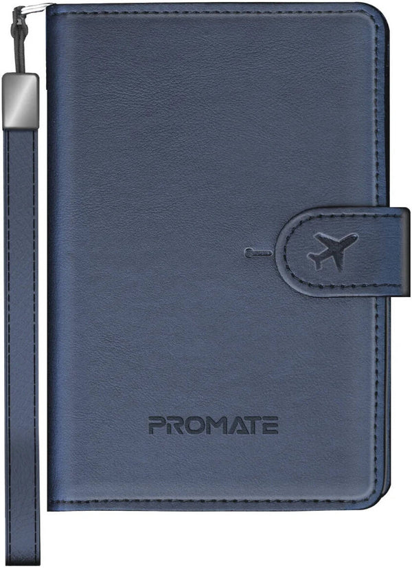 PROMATE | PassMate Anti-Loss Slim Leather Passport Holder Smart Tracking Safety Hand Loop Bluetooth 5.2 170mAh Battery Blue | PASSMATE.BLUE