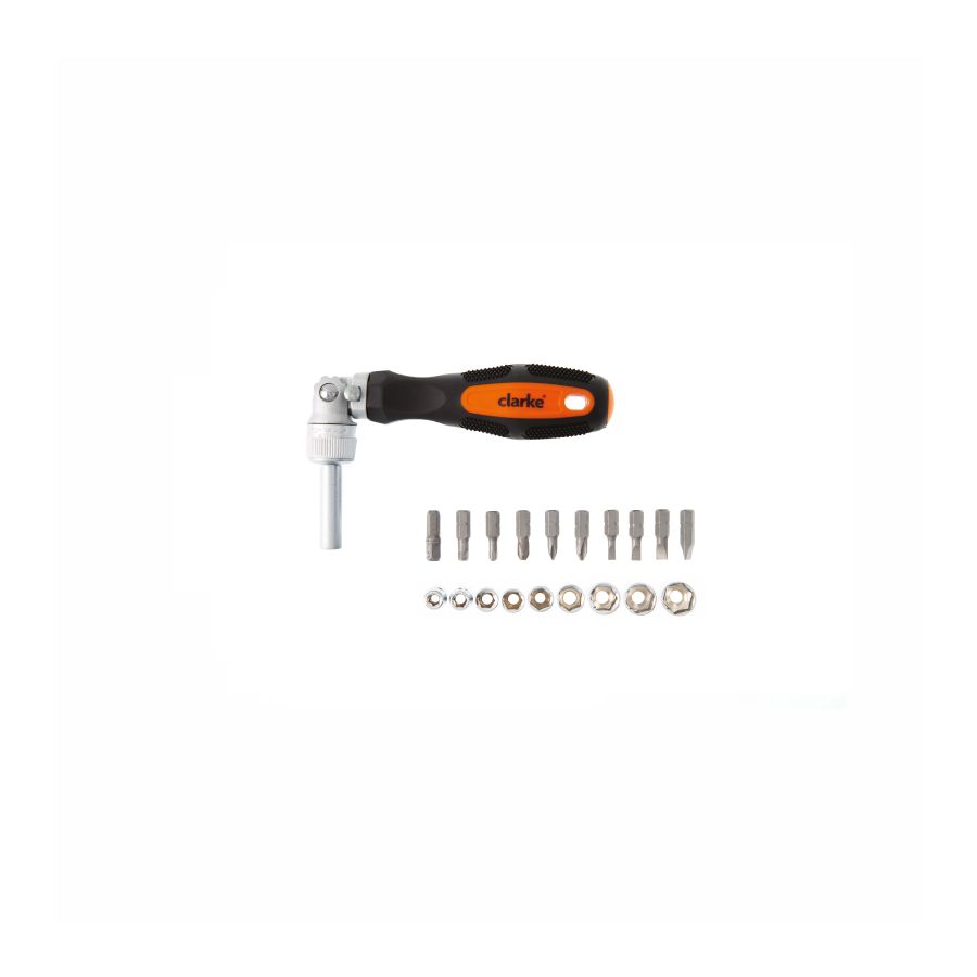 CLARKE | Ratchet Screw Driver & Bit Set 20 pcs Orange Black Handle Magnetic Bit with 3 Position Work | SDSPCL
